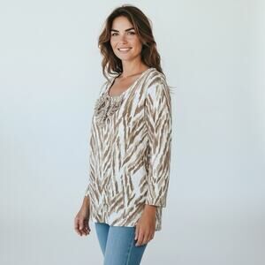 RUBY RED Women's 3X TOP BROWN BEIGE 3/4 SLEEVE EMBELLISHED Flower Detail BLOUSE